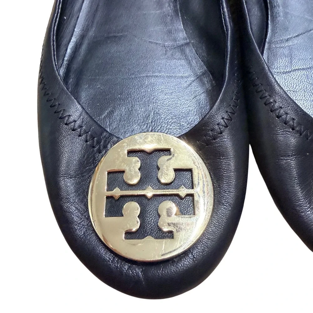 Tory Burch Reva Ballet Flats Black Leather Gold Medallion Logo Size 9